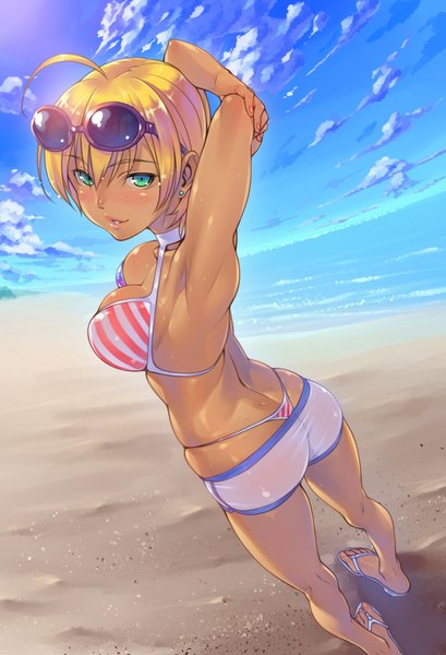 Anime picture 800x1174 with shokugeki no soma j.c. staff mito ikumi bubuzuke single tall image looking at viewer blush short hair breasts light erotic blonde hair large breasts standing green eyes sky cloud (clouds) ass looking back from above