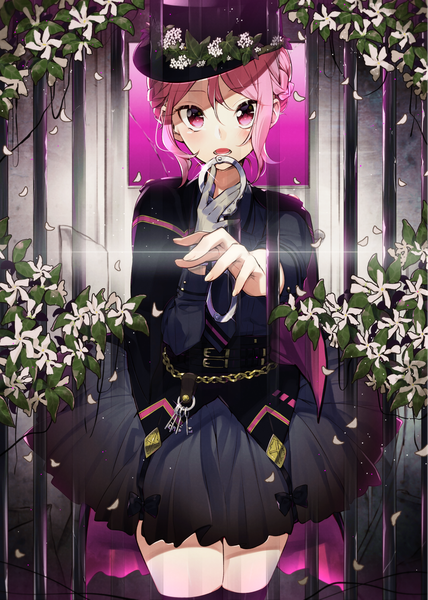 Anime picture 1191x1670 with original sakuragi ren single tall image looking at viewer blush fringe short hair open mouth hair between eyes standing holding pink hair pink eyes sparkle outstretched hand girl thighhighs dress bow
