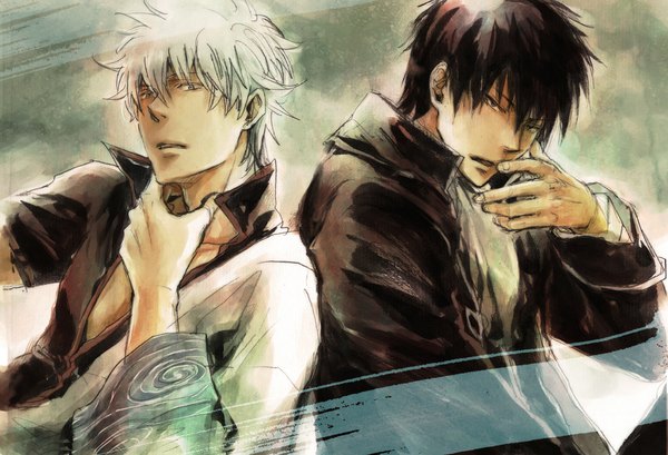 Anime picture 1000x682 with gintama sunrise (studio) sakata gintoki hijikata toshiro acaco looking at viewer short hair open mouth black hair simple background white hair traditional clothes japanese clothes black eyes multiple boys grey eyes back to back boy uniform kimono