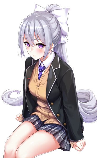 Anime picture 1500x2438 with virtual youtuber nijisanji higuchi kaede infinote single tall image looking at viewer blush fringe breasts simple background hair between eyes white background sitting purple eyes silver hair ponytail very long hair pleated skirt sleeves past wrists