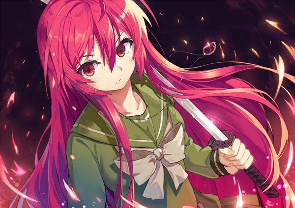 Anime picture 848x600 with shakugan no shana j.c. staff shana baisi shaonian single long hair looking at viewer fringe hair between eyes red eyes ahoge red hair girl uniform bow weapon sword serafuku katana pendant