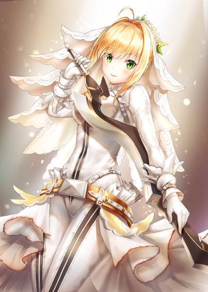 Anime picture 1280x1800 with fate (series) fate/extra fate/extra ccc nero claudius (fate) (all) nero claudius (bride) (fate) lunacle single tall image looking at viewer blush fringe short hair breasts blonde hair simple background hair between eyes standing holding green eyes payot