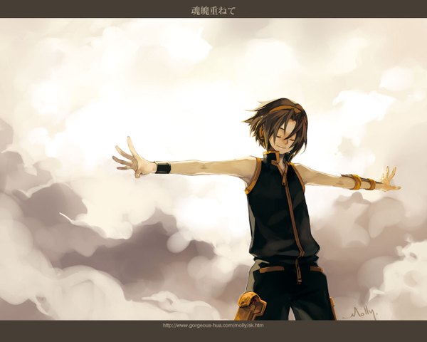 Anime picture 1280x1024 with shaman king xebec asakura you molly (artist) single short hair smile brown hair standing signed eyes closed fingernails sleeveless spread arms eyebrows boy headphones
