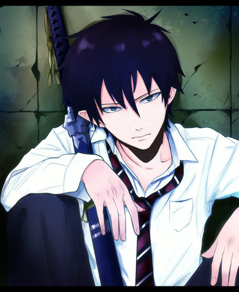 Anime picture 1024x1250 with ao no exorcist a-1 pictures okumura rin ririco single tall image short hair blue eyes purple hair pointy ears boy shirt sword necktie katana wall