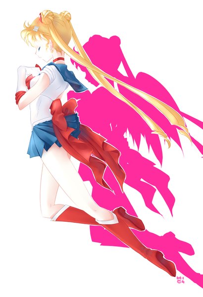 Anime picture 801x1173 with bishoujo senshi sailor moon toei animation tsukino usagi sailor moon soraname single long hair tall image simple background blonde hair white background twintails full body bent knee (knees) eyes closed profile shadow hair bun (hair buns) angel girl