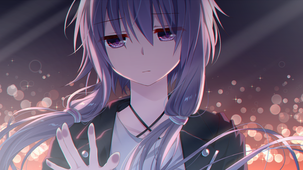Anime picture 1440x810 with vocaloid voiceroid yuzuki yukari re moyo single long hair fringe hair between eyes wide image purple eyes twintails purple hair upper body braid (braids) sparkle low twintails lens flare expressionless against glass girl