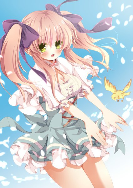 Anime picture 1000x1413 with original nogi takayoshi single long hair tall image looking at viewer blush blonde hair twintails yellow eyes girl dress bow hair bow animal petals bird (birds)