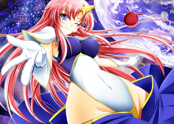Anime picture 1200x857 with gundam seed destiny haro meer campbell campbell (pixiv) single long hair blue eyes light erotic red hair one eye closed wink space girl gloves hair ornament star (symbol) star (stars) star hair ornament planet mecha