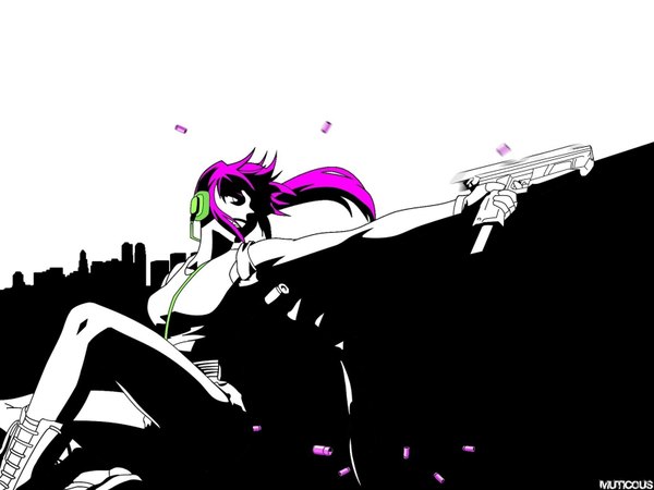 Аниме картинка 1600x1200 с пираты «чёрной лагуны» madhouse revy (black lagoon) один (одна) длинные волосы розовые волосы монохромное многоцветный девушка оружие ботинки наушники огнестрельное оружие