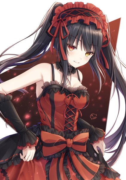 Anime picture 1900x2700 with date a live tokisaki kurumi kiri celea single long hair tall image looking at viewer blush fringe highres black hair smile red eyes white background twintails bare shoulders yellow eyes payot cleavage heterochromia