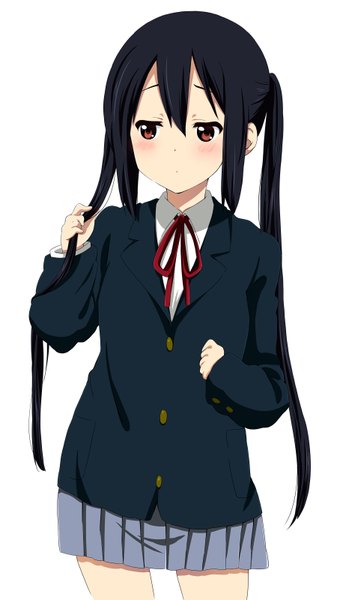 Anime picture 1831x3200 with k-on! kyoto animation nakano azusa ragho no erika long hair tall image blush highres black hair simple background red eyes white background twintails girl skirt uniform school uniform miniskirt