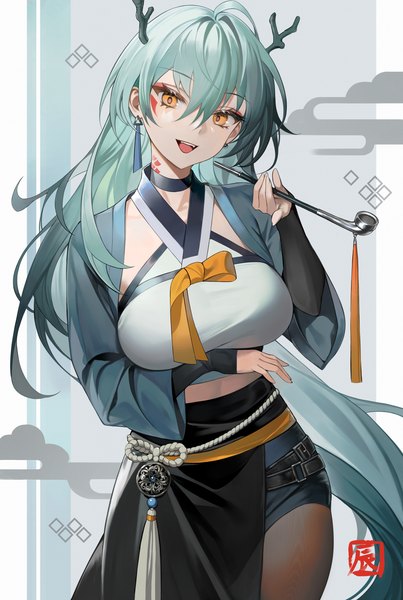 Anime-Bild 3000x4469 mit original chungla single long hair tall image looking at viewer fringe highres breasts open mouth smile hair between eyes standing holding signed yellow eyes :d horn (horns) green hair wide sleeves