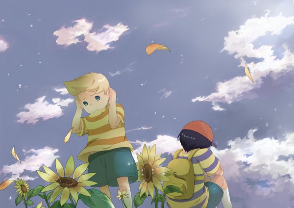 Anime picture 1024x725 with super smash bros. mother (game) mother 2 nintendo ness lucas blonde hair sky purple hair cloud (clouds) from behind striped boy flower (flowers) hat petals shorts star (stars) bag cap