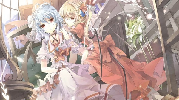 Anime picture 1500x844 with touhou flandre scarlet remilia scarlet short hair blonde hair red eyes wide image sitting twintails multiple girls blue hair bat wings girl dress hair ornament flower (flowers) bow 2 girls wings frills