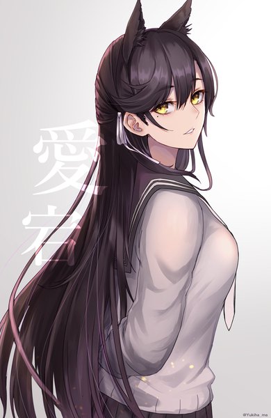 Anime picture 1407x2164 with azur lane atago (azur lane) yukihama single long hair tall image looking at viewer fringe black hair hair between eyes signed animal ears yellow eyes upper body mole character names mole under eye twitter username gradient background extra ears