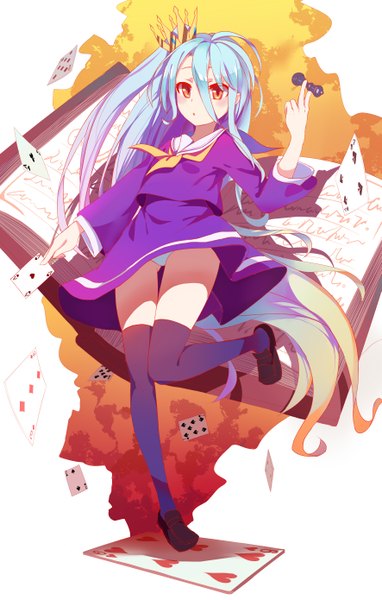 Anime picture 1771x2780 with no game no life madhouse shiro (no game no life) huanxiang heitu single long hair tall image looking at viewer blush highres light erotic hair between eyes red eyes multicolored hair aqua hair pantyshot one side up gradient hair girl thighhighs