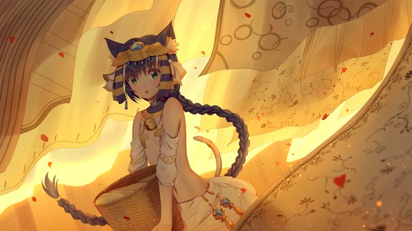 Anime picture 1920x1080 with original ji dao ji single looking at viewer blush fringe highres open mouth light erotic black hair hair between eyes wide image standing bare shoulders holding green eyes animal ears tail braid (braids) very long hair