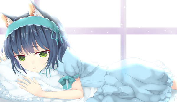 Anime picture 1600x929 with original tsunyandere (ryoneyami) single looking at viewer short hair open mouth wide image green eyes animal ears blue hair cat ears cat girl on stomach girl dress window hairband pillow bed