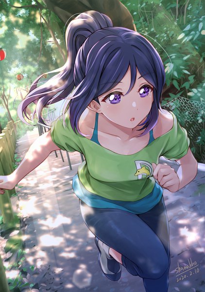 Anime picture 1274x1812 with love live! sunshine!! sunrise (studio) love live! matsuura kanan shamakho single long hair tall image blush fringe open mouth hair between eyes purple eyes bare shoulders signed payot looking away purple hair bent knee (knees) outdoors