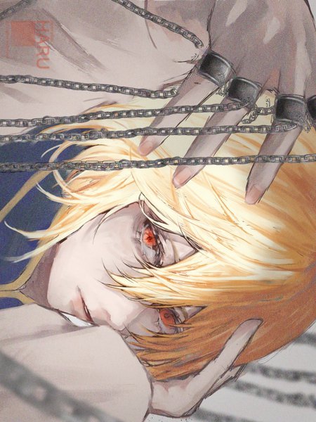 Anime picture 768x1024 with hunter x hunter kurapica haru (yckd5728) single tall image looking at viewer fringe short hair blonde hair hair between eyes red eyes signed hand on head sideways boy chain ring