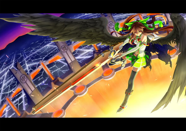 イラスト 2000x1414 と 東方 霊烏路空 raid zero ソロ 長髪 highres 赤い目 茶色の髪 arm cannon 女の子 ストッキング スカート 手袋 へそ ちょう結び 武器 黒ストッキング ヘア蝶結び ミニスカート 長手袋