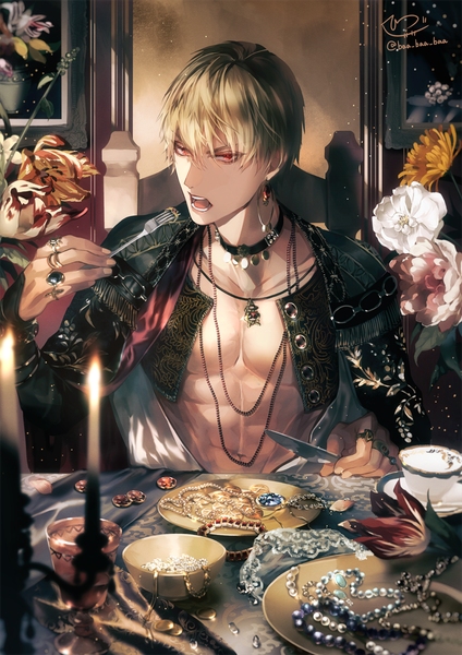 Anime picture 850x1202 with fate (series) fate/stay night gilgamesh (fate) sakura hitsuji single tall image fringe short hair open mouth blonde hair hair between eyes red eyes sitting holding signed looking away upper body open clothes shadow depth of field