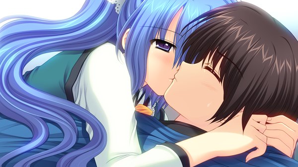 Anime picture 1280x720 with world wide love! (game) munemoto tsubakiko long hair short hair blue eyes black hair wide image blue hair game cg ponytail couple side ponytail kiss girl boy uniform school uniform