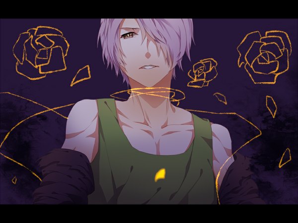 Anime picture 1000x750 with ib (game) garry (ib) single fringe short hair open mouth brown eyes purple hair hair over one eye dark background letterboxed boy rose (roses)