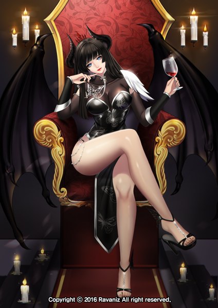 Anime picture 2468x3491 with mabinogi heroes (game) ravaniz single long hair tall image looking at viewer highres breasts blue eyes light erotic black hair horn (horns) crossed legs girl wings candle (candles) wine glass