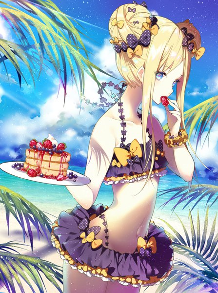 Anime picture 772x1035 with fate (series) fate/grand order abigail williams (fate) kinokohime single long hair tall image looking at viewer fringe blue eyes light erotic blonde hair standing bare shoulders holding payot sky cloud (clouds) outdoors shadow