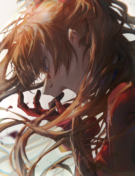 Anime picture 3000x3917 with neon genesis evangelion gainax soryu asuka langley vkook200507 single long hair tall image fringe highres open mouth blue eyes simple background white background looking away upper body profile orange hair floating hair angry blood on face
