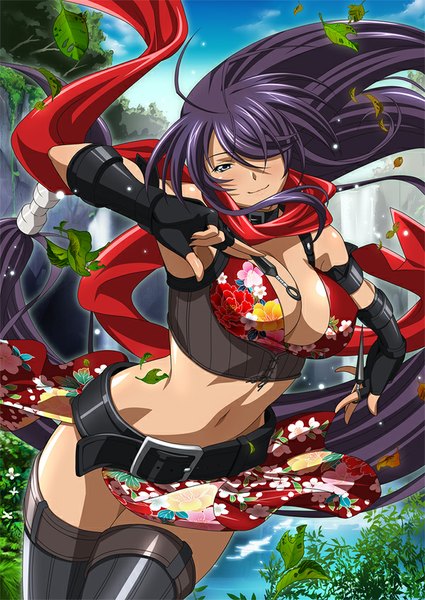 Anime picture 600x847 with ikkitousen kanu unchou single tall image looking at viewer blush fringe breasts blue eyes light erotic black hair large breasts very long hair light smile hair over one eye girl thighhighs gloves navel fingerless gloves
