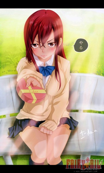 Anime picture 1269x2100 with fairy tail erza scarlet i-azu single long hair tall image blush brown eyes red hair pleated skirt sunlight inscription coloring watermark letterboxed valentine girl skirt uniform school uniform