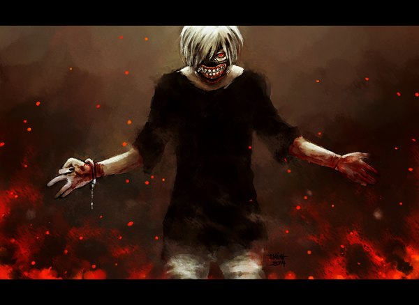 Anime picture 1300x950 with tokyo ghoul studio pierrot kaneki ken nanfe single looking at viewer fringe short hair red eyes standing nail polish fingernails hair over one eye letterboxed spread arms glow bleeding boy blood mask
