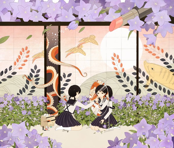Anime picture 1770x1500 with original satou odori (super normal) highres short hair black hair sitting twintails multiple girls no shoes lipstick low twintails reflection yokozuwari makeup different reflection girl uniform flower (flowers) 2 girls animal