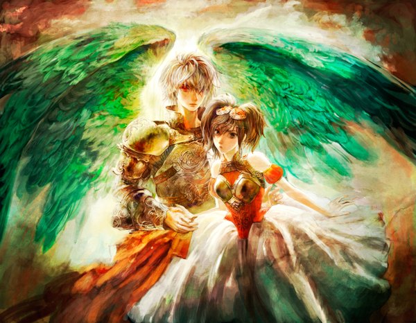 Anime picture 2571x2000 with tomape looking at viewer highres short hair red eyes brown hair twintails brown eyes silver hair grey hair couple hug holding hands short twintails angel wings girl dress boy hair ornament wings