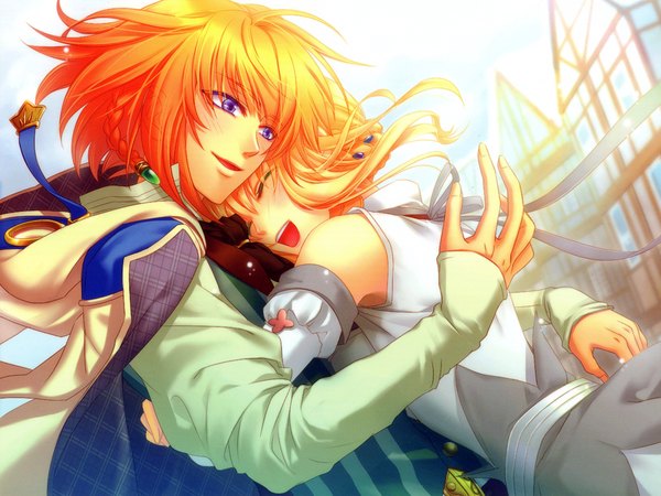 Anime picture 4708x3535 with beast master and prince (game) idea factory tiana (beast master and prince) lucia (beast master and prince) highres short hair open mouth blonde hair smile purple eyes absurdres sky eyes closed sunlight couple hug city striped girl boy