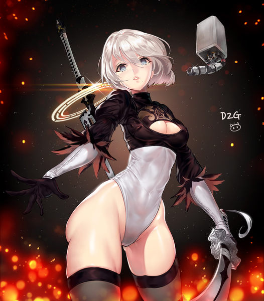 Anime picture 1592x1816 with nier nier:automata yorha no. 2 type b pod (nier:automata) ttaji (pass35) single tall image looking at viewer fringe short hair breasts blue eyes light erotic hair between eyes standing holding signed cleavage silver hair long sleeves