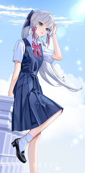 Anime picture 2852x5778 with genshin impact kamisato ayaka ringeko-chan single long hair tall image looking at viewer blush fringe highres blue eyes sitting signed sky silver hair cloud (clouds) bent knee (knees) outdoors ponytail blunt bangs