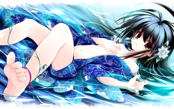 Anime picture 2560x1600 with nagomi long hair highres light erotic black hair red eyes wide image barefoot hair flower flat chest girl hair ornament water open kimono