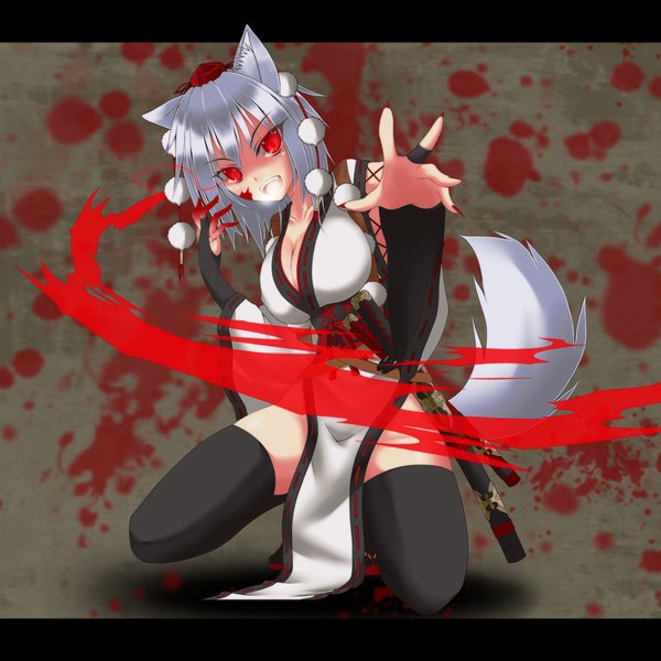 Anime picture 2000x2000 with touhou inubashiri momiji gmot single highres short hair breasts open mouth light erotic red eyes large breasts animal ears silver hair traditional clothes kourindou tengu costume girl thighhighs weapon black thighhighs hat