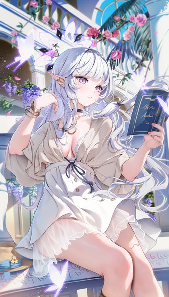 Anime picture 2286x4000 with blue archive himari (blue archive) houkisei single long hair tall image fringe highres breasts light erotic sitting purple eyes holding looking away cleavage silver hair outdoors blunt bangs nail polish parted lips