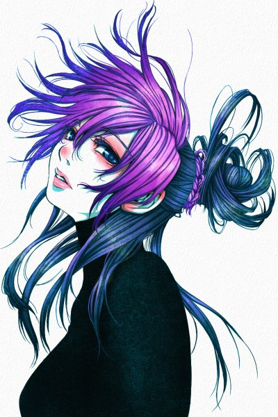 Anime picture 800x1200 with jojo no kimyou na bouken kujo jolyne saitou nekoichi single long hair tall image looking at viewer blue eyes simple background white background purple hair multicolored hair two-tone hair hair bun (hair buns) portrait alternate hairstyle girl