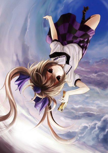 Anime picture 708x1000 with touhou himekaidou hatate kurona single long hair tall image looking at viewer fringe smile red eyes brown hair twintails holding sky cloud (clouds) short sleeves falling checkered skirt girl thighhighs