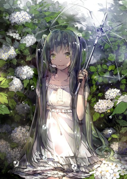 Anime picture 800x1125 with vocaloid hatsune miku susu (artist) single long hair tall image looking at viewer open mouth smile twintails green eyes rain summer transparent umbrella girl dress flower (flowers) white dress umbrella microphone