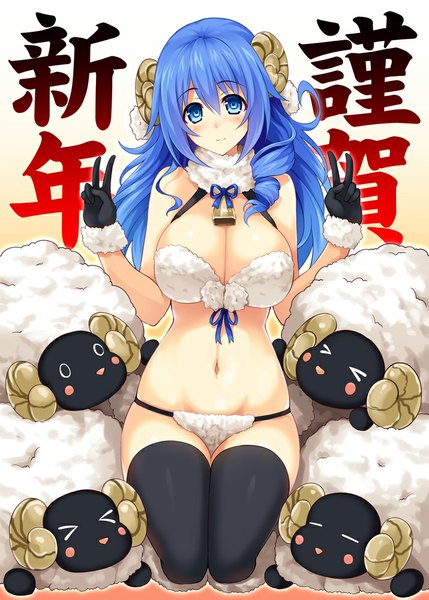 Anime picture 715x1000 with cu-no kohitsuji ai hisenkaede single long hair tall image blush breasts blue eyes light erotic large breasts blue hair horn (horns) new year happy new year girl thighhighs navel black thighhighs animal