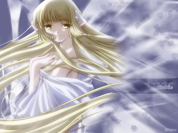 Anime picture 1600x1200 with chobits chii single long hair looking at viewer breasts blonde hair bare shoulders brown eyes inscription copyright name floating hair text english girl hair ornament