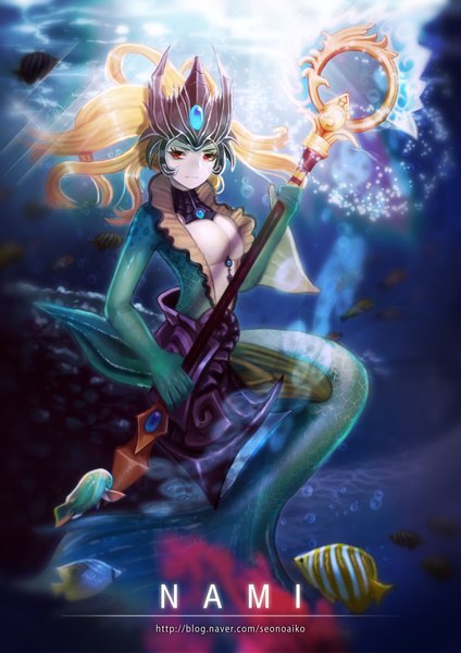 Anime picture 707x1000 with league of legends nami (league of legends) hanato (seonoaiko) single long hair tall image looking at viewer light erotic blonde hair red eyes cleavage underwater girl animal fish (fishes) staff mermaid