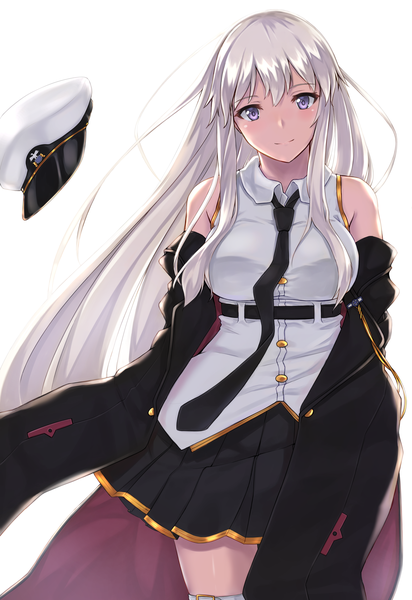 Anime picture 1666x2424 with azur lane enterprise (azur lane) enchuu single long hair tall image looking at viewer fringe breasts simple background smile hair between eyes standing white background purple eyes bare shoulders holding silver hair head tilt pleated skirt