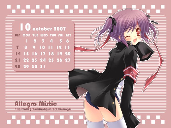 Anime picture 1280x960 with original takano yuki (allegro mistic) single short hair open mouth light erotic red eyes twintails purple hair short twintails ;d 2007 calendar 2007 girl thighhighs uniform school uniform hairband calendar buruma